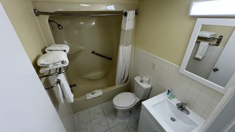 Combined shower/tub, free toiletries, hair dryer, towels