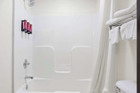 Combined shower/tub, free toiletries, hair dryer, towels