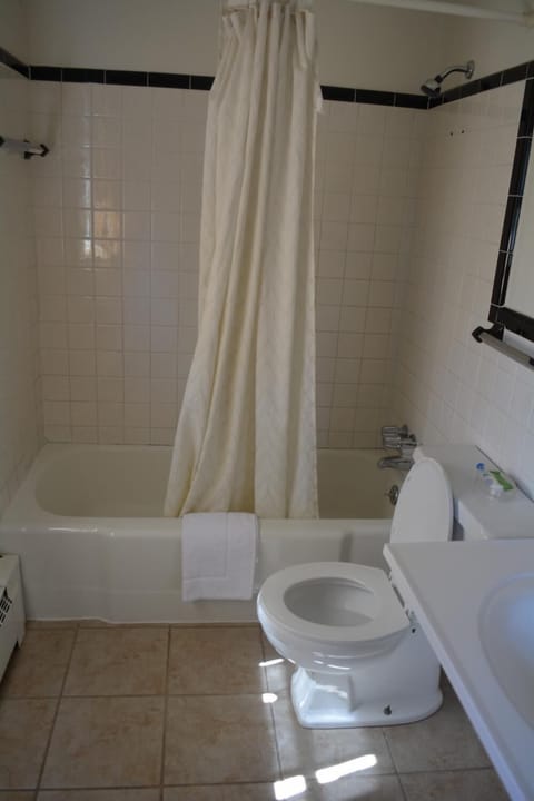 Combined shower/tub, free toiletries, towels