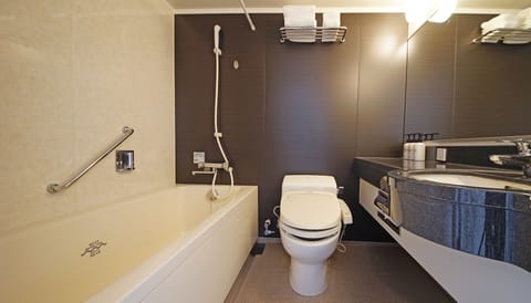 Combined shower/tub, free toiletries, hair dryer, slippers