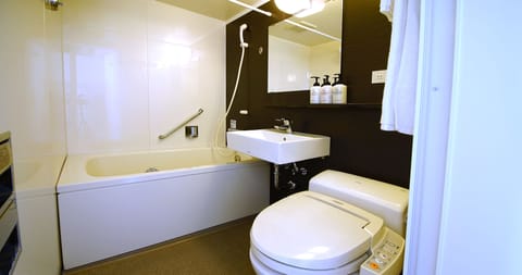 Combined shower/tub, free toiletries, hair dryer, slippers