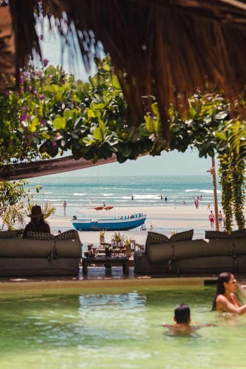 Outdoor pool, pool umbrellas, sun loungers