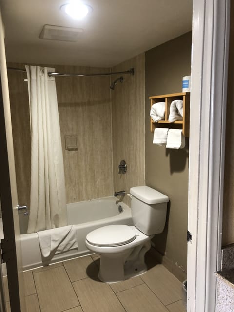 Combined shower/tub, hair dryer, towels