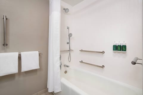 Combined shower/tub, free toiletries, hair dryer, towels