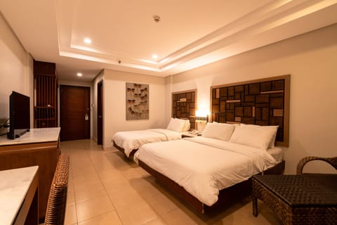 Deluxe Double or Twin Room, Multiple Beds, Non Smoking, Pool View | In-room safe, desk, blackout drapes, soundproofing