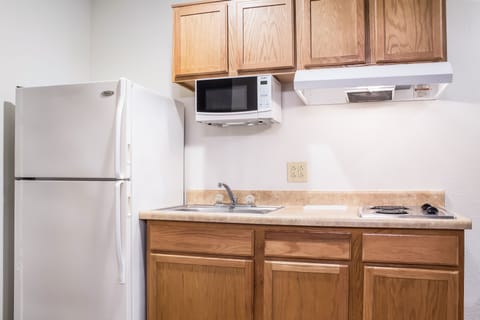 Full-size fridge, microwave, stovetop