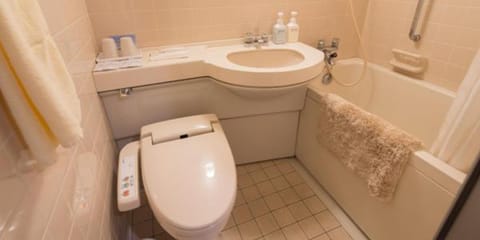 Combined shower/tub, free toiletries, hair dryer, slippers