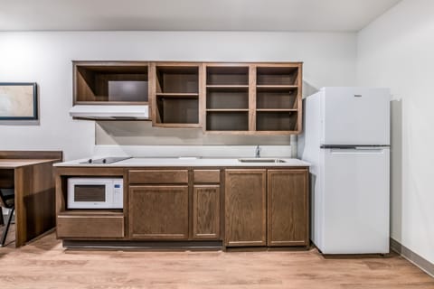 Full-size fridge, microwave, stovetop