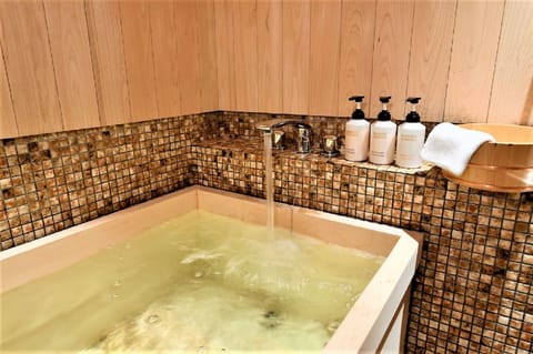 Separate tub and shower, deep soaking tub, free toiletries, hair dryer