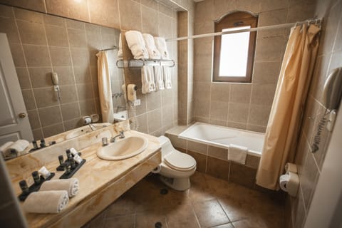 Combined shower/tub, free toiletries, hair dryer, towels