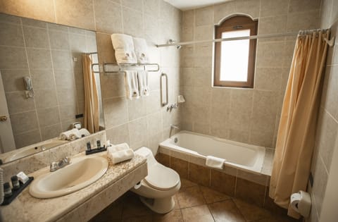 Combined shower/tub, free toiletries, hair dryer, towels