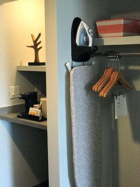 Premium bedding, desk, blackout drapes, iron/ironing board