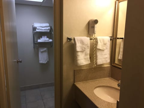 Combined shower/tub, deep soaking tub, free toiletries, hair dryer