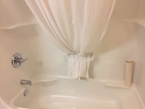 Combined shower/tub, deep soaking tub, free toiletries, hair dryer