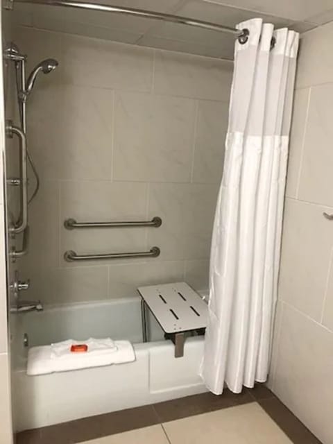 Combined shower/tub, free toiletries, hair dryer, towels