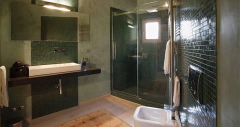 Combined shower/tub, free toiletries, hair dryer, slippers