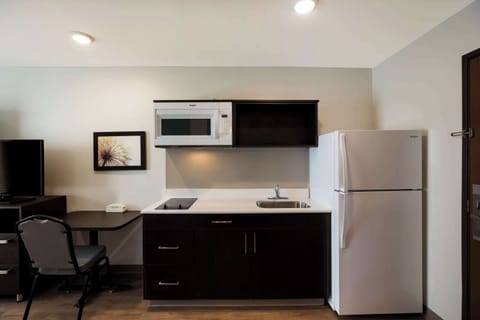 Full-size fridge, microwave, stovetop