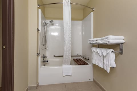 Combined shower/tub, free toiletries, hair dryer, towels