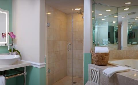 Room, Partial Ocean View | Bathroom | Shower, designer toiletries, hair dryer, towels