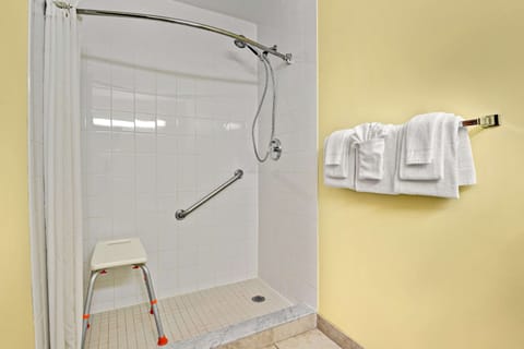 Combined shower/tub, free toiletries, hair dryer, towels