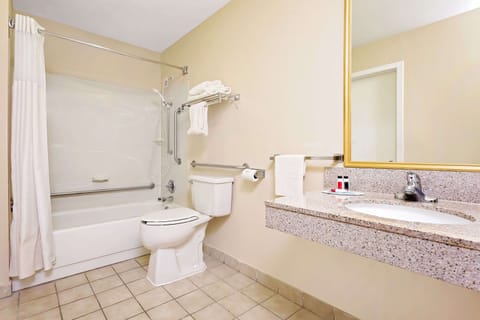 Combined shower/tub, free toiletries, hair dryer, towels