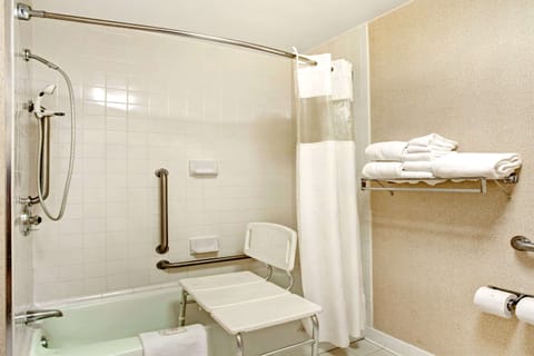 Combined shower/tub, hair dryer, towels