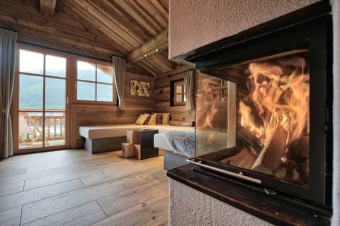 Flat-screen TV, fireplace