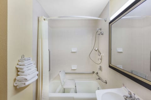 Combined shower/tub, free toiletries, hair dryer, towels