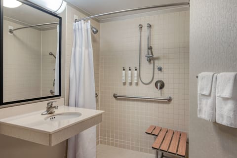 Combined shower/tub, free toiletries, hair dryer, towels