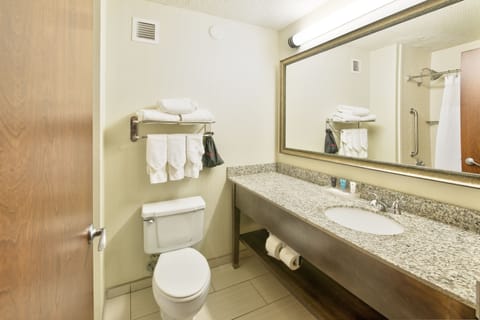 Combined shower/tub, free toiletries, hair dryer, towels