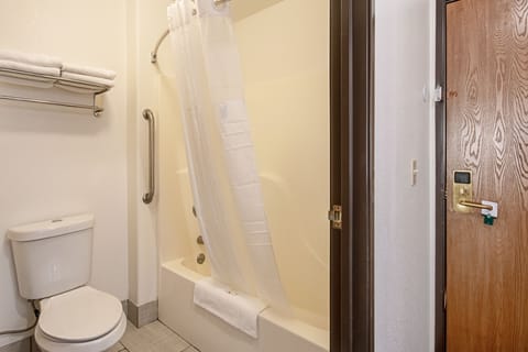 Combined shower/tub, free toiletries, hair dryer, towels