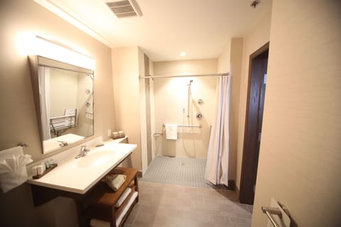 Room, 1 King Bed, Accessible (Roll In Shower) | Bathroom | Shower, hair dryer, towels