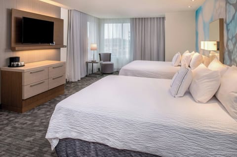 Desk, laptop workspace, blackout drapes, iron/ironing board