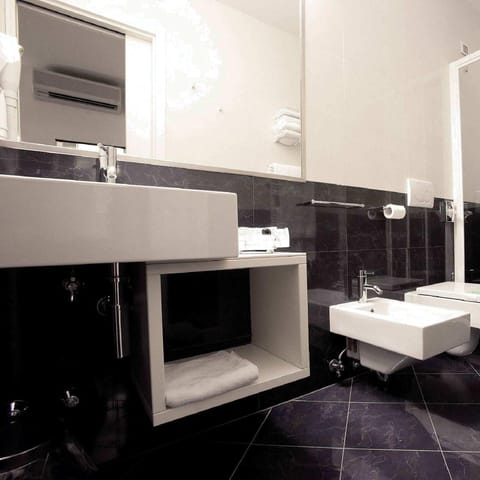 Shower, rainfall showerhead, hair dryer, slippers