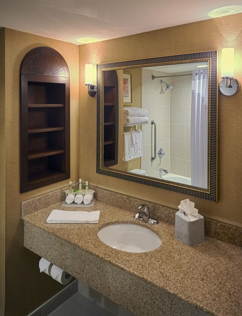 Combined shower/tub, hair dryer, towels