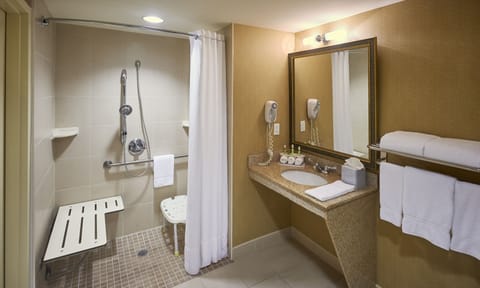 Room, 1 King Bed, Accessible (Mobility, Transfer Shower) | Bathroom | Combined shower/tub, hair dryer, towels