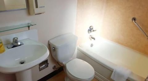 Combined shower/tub, free toiletries, towels