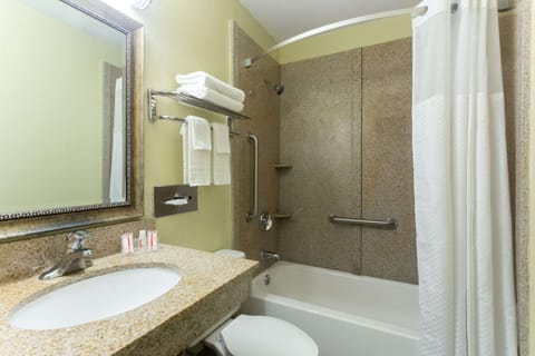 Combined shower/tub, free toiletries, hair dryer, towels