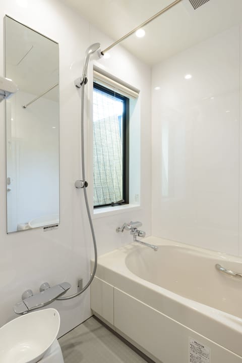 Combined shower/tub, deep soaking tub, hair dryer, bidet