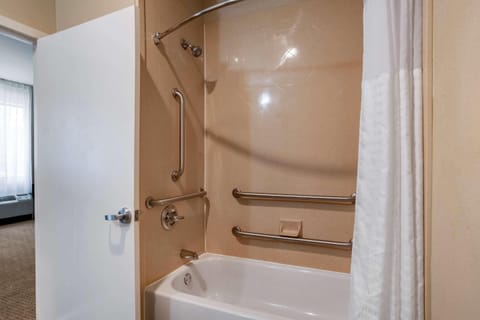 Combined shower/tub, free toiletries, hair dryer, towels