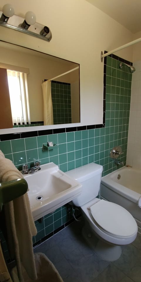 Combined shower/tub, free toiletries, towels