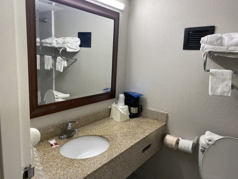 Combined shower/tub, free toiletries, towels