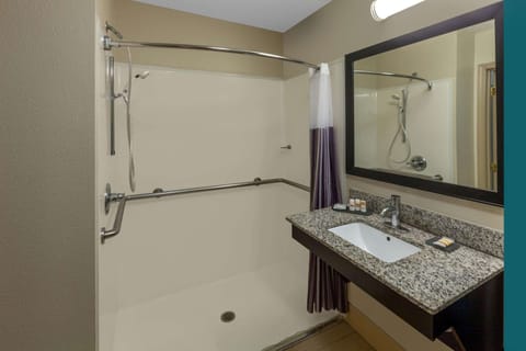 Combined shower/tub, free toiletries, hair dryer, towels