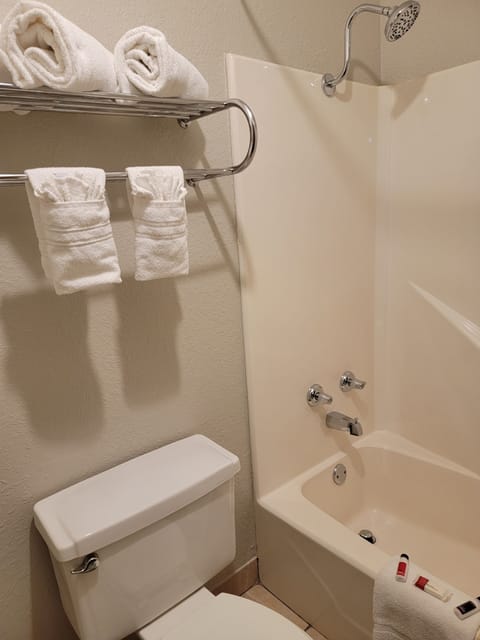 Combined shower/tub, hair dryer, towels