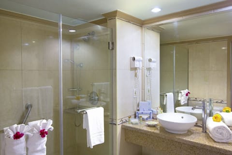 Shower, eco-friendly toiletries, hair dryer, towels