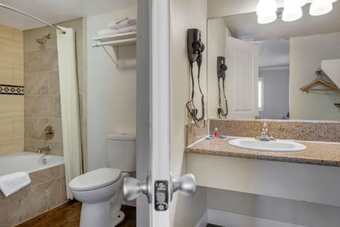 Combined shower/tub, free toiletries, hair dryer, towels