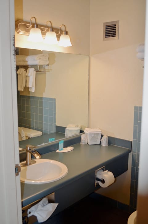 Basic Single Room, 1 King Bed | Bathroom | Combined shower/tub, hair dryer, towels