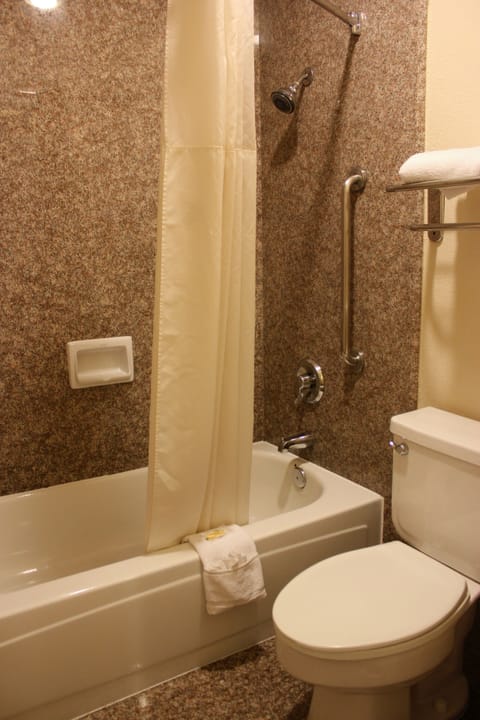 Combined shower/tub, free toiletries, hair dryer, towels