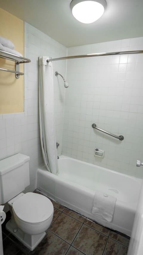 Combined shower/tub, free toiletries, towels, soap