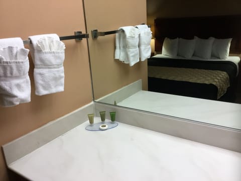 Combined shower/tub, free toiletries, towels, soap